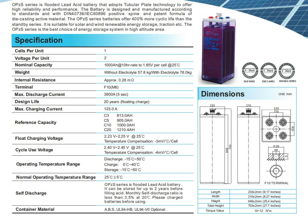 OEM Ritar Opzs 2V1000ah Flooded Lead Acid Battery